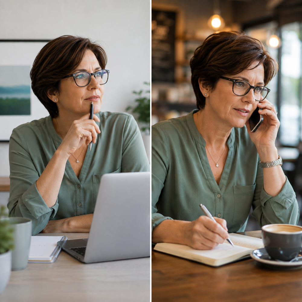 The same career professional considering two different paths forward in their career, one internal and one with a new company