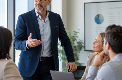 An experienced executive leading a strategic discussion with colleagues in a conference room