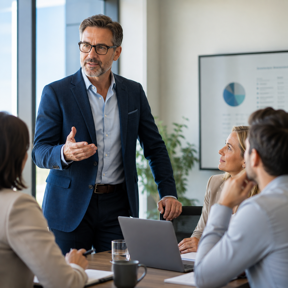 An experienced executive leading a strategic discussion with colleagues in a conference room