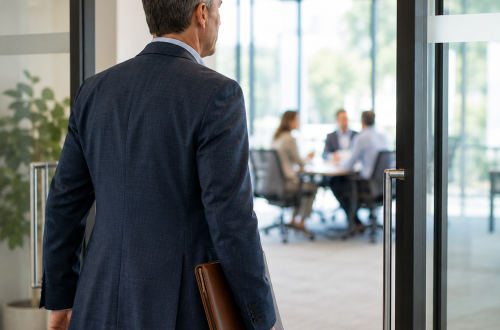 An experienced professional walking through a doorway toward a business meeting/interview