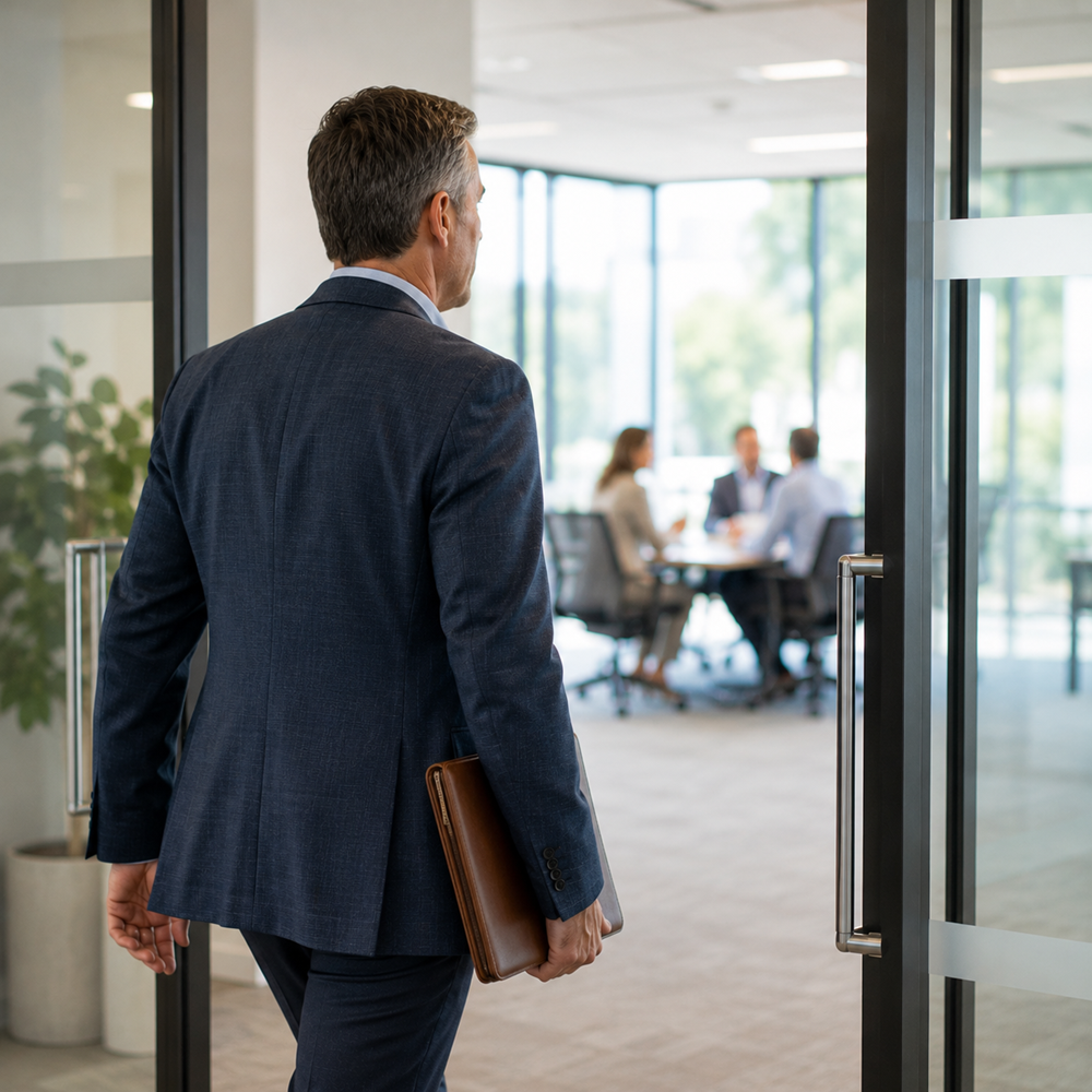 An experienced professional walking through a doorway toward a business meeting/interview