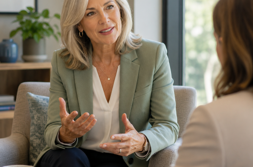 An experienced professional sharing her career story during a one-on-one conversation