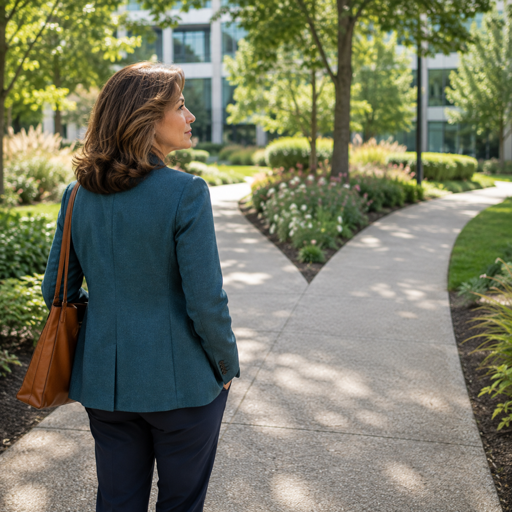 An experienced professional pausing to consider which direction to take next in her career.