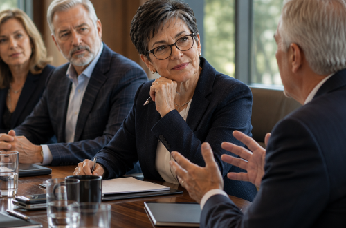 An experienced board member listening thoughtfully during a strategic boardroom discussion