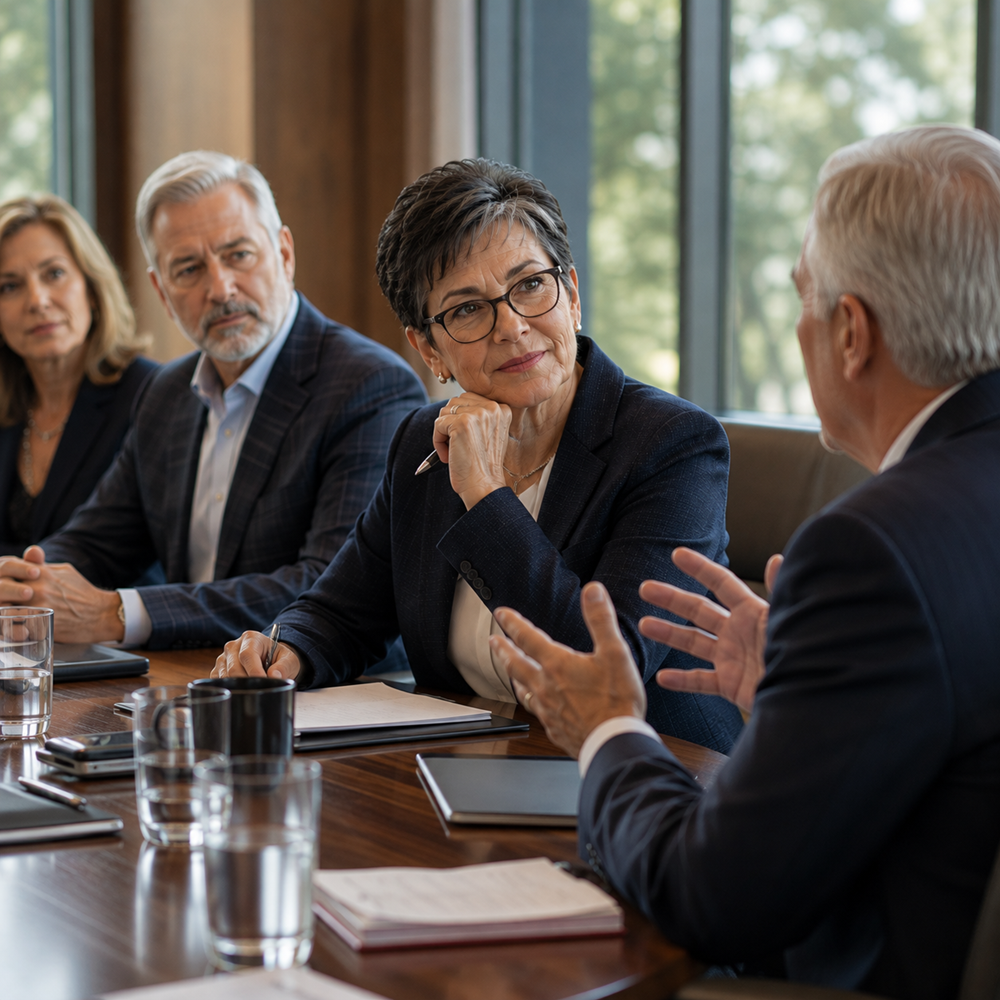 An experienced board member listening thoughtfully during a strategic boardroom discussion